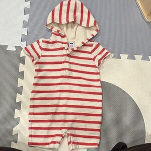 Janie and Jack Red and Cream Striped Hooded Romper